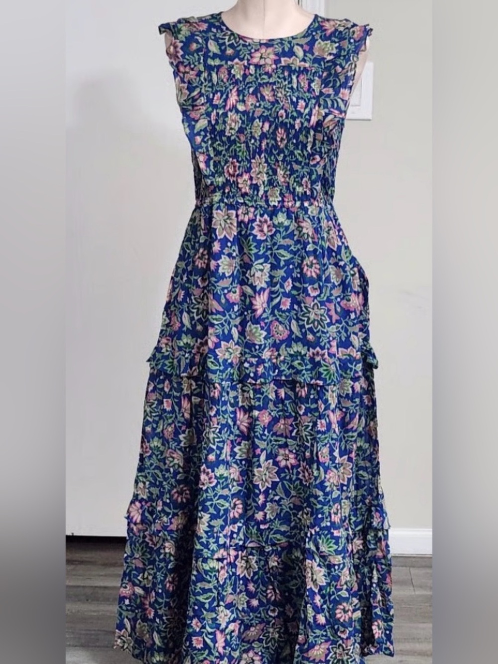 Banjanan Iris Blue Floral Smocked Tiered Maxi Dress Sz XL